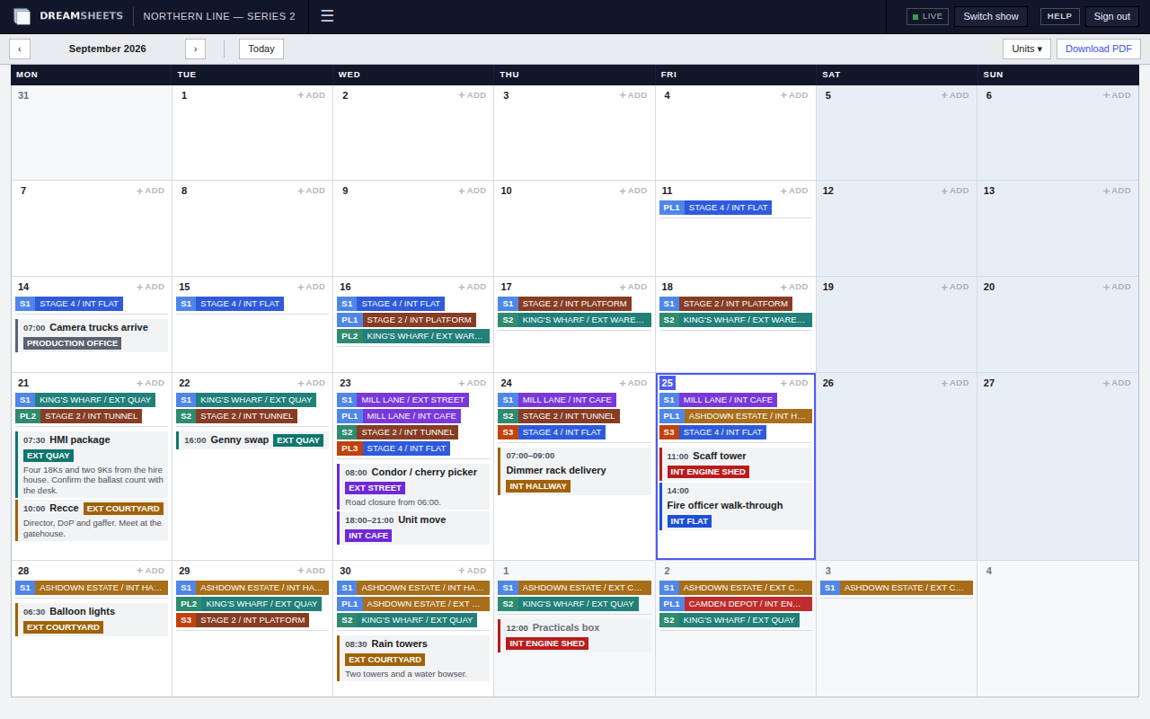 Events for a month: each day shows the units' shoot and pre-light locations and the day's deliveries, recces and unit moves with their times, locations and notes.