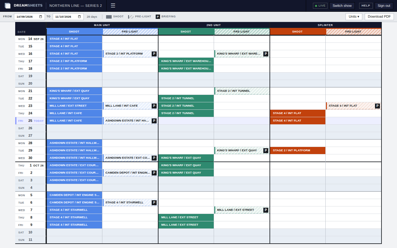 Quick Line: one row per date, a shoot and a pre-light column for each of three units, each location in its unit's colour.